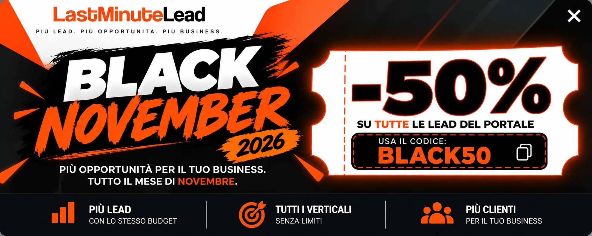 Black November 2026: −50% sulle lead del portale · BLACK50